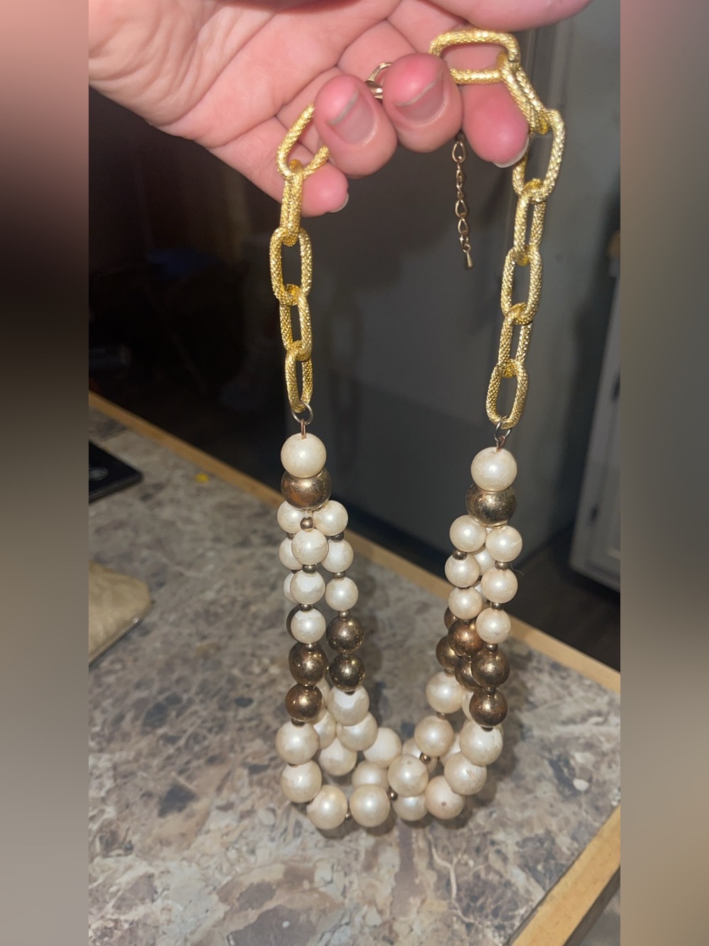 Gold-Tone and Ivory Triple Strand Beaded Necklace